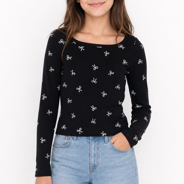 SO Girls XL 14/16 Black Ribbed Long Sleeve Top Silver Glitter Bow Square Neck