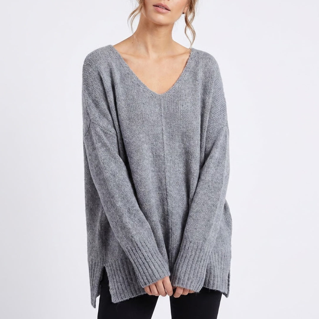 La Miel Sweater Womens Medium Gray Knit Ribbed High Low Hem Long Sleeve Pullover
