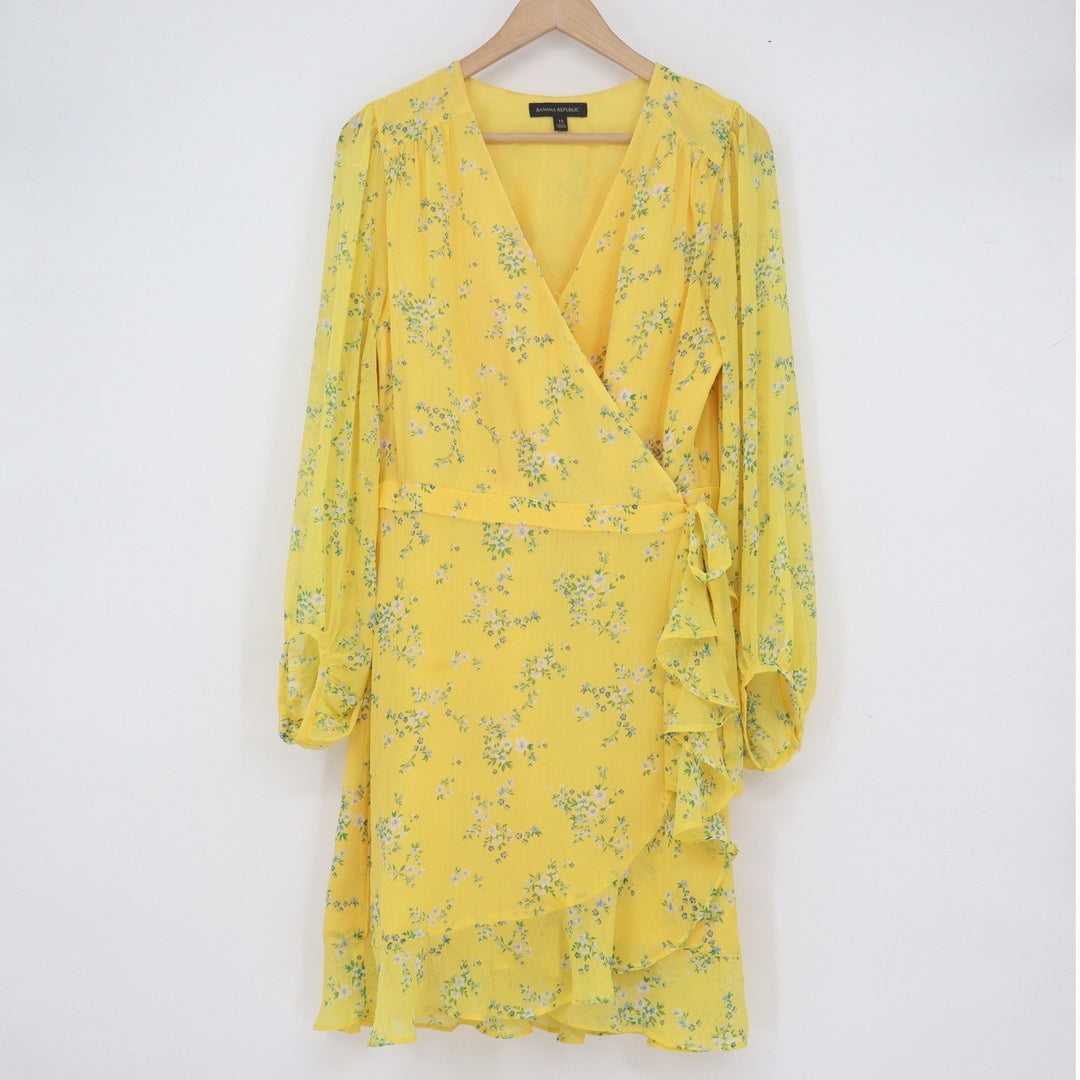 Banana Republic Yellow Floral Chiffon Ruffle Wrap Dress Long Sleeve Size 12