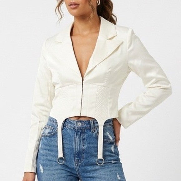 Naked Wardrobe The Statement White Cropped Garter Blazer Small