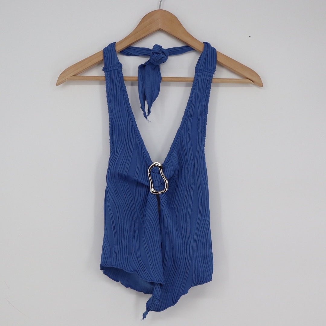 Shein Womens Blue Plisse Pleated Halter Top Silver Ring Detail XS