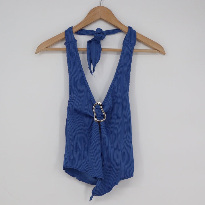 Shein Womens Blue Plisse Pleated Halter Top Silver Ring Detail XS