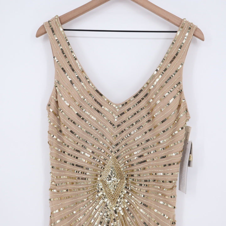 Aidan Mattox Beaded Sequin V Neck Cocktail Dress Champagne Gold Size 12