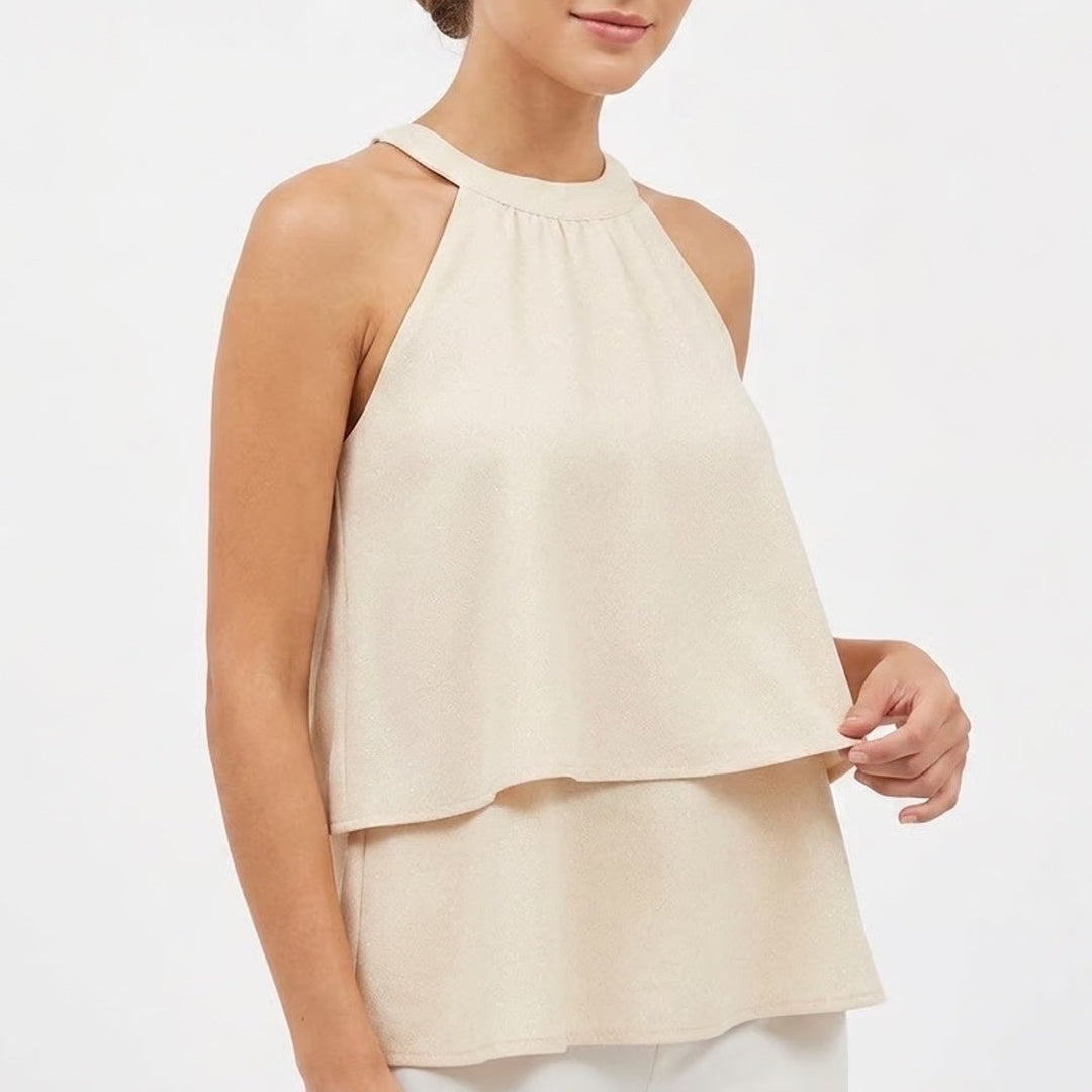 Paper Crane Cream Tiered High Neck Halter Blouse Medium