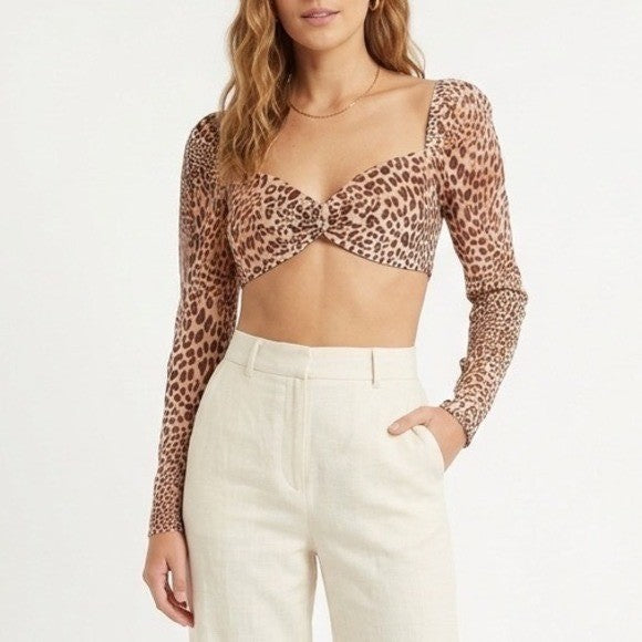 Naked Wardrobe Leopard Print Twist Front Puff Sleeve Crop Top Small