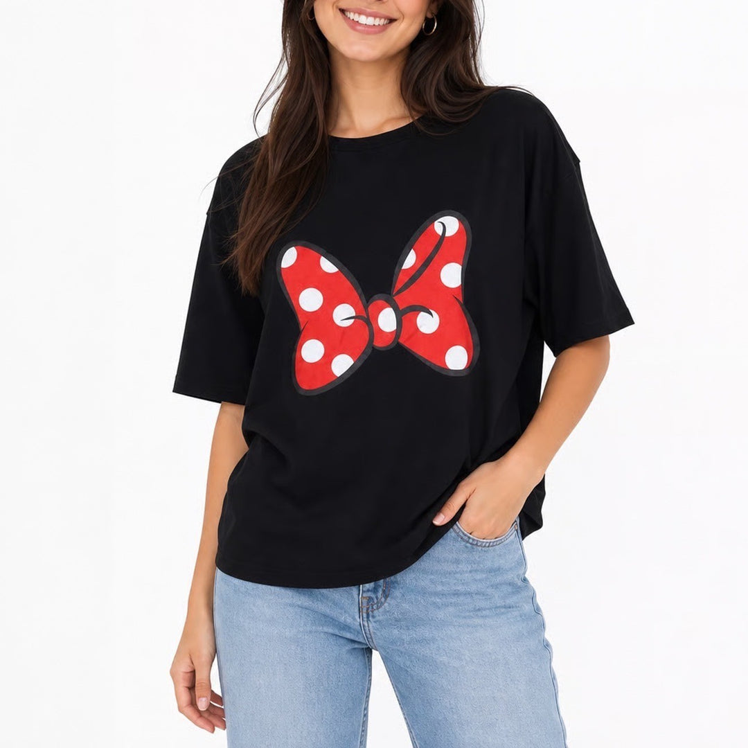 Black Graphic Bow T-Shirt 4XL Polka Dot Red White Short Sleeve Tee