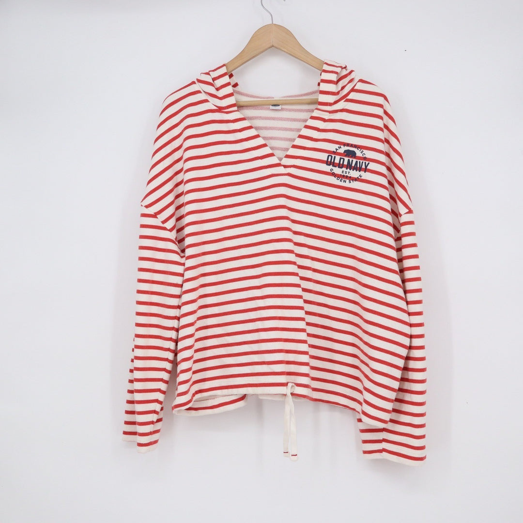 Old Navy San Francisco Striped Hoodie Red White Graphic V-Neck XL