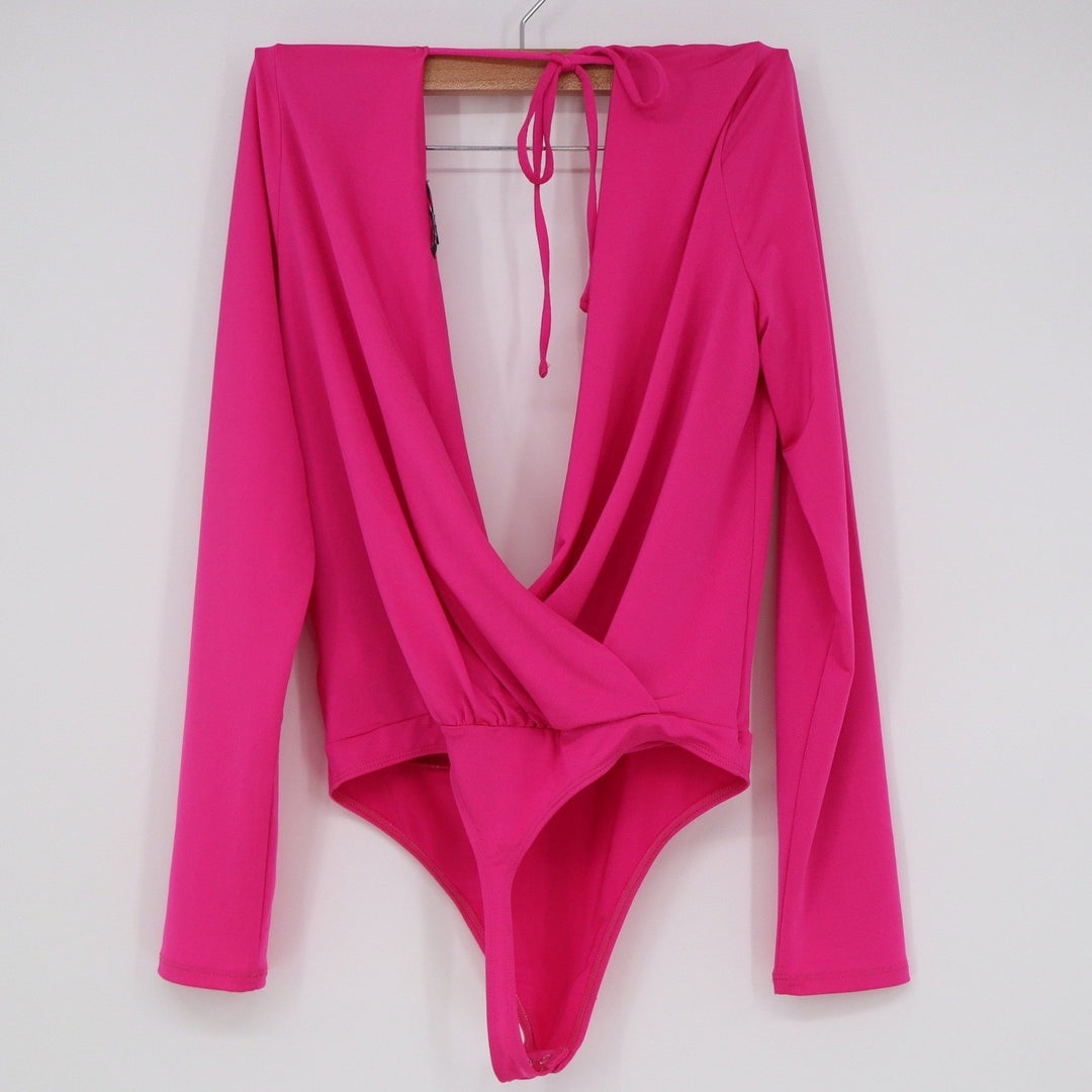 Express Hot Pink Deep V-Neck Long Sleeve Wrap Bodysuit Small
