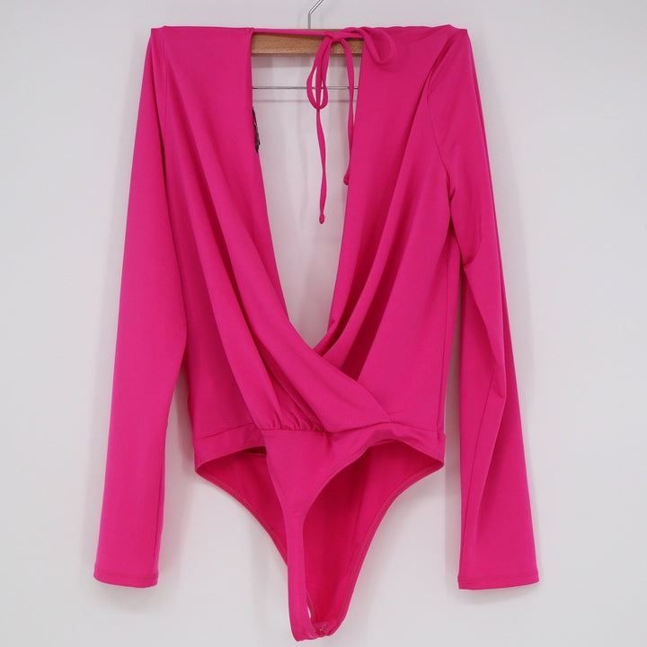 Express Hot Pink Deep V-Neck Long Sleeve Wrap Bodysuit Small