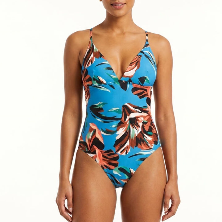 CALIA Triangle Strappy Back One Piece Swimsuit Blue Floral Size 8