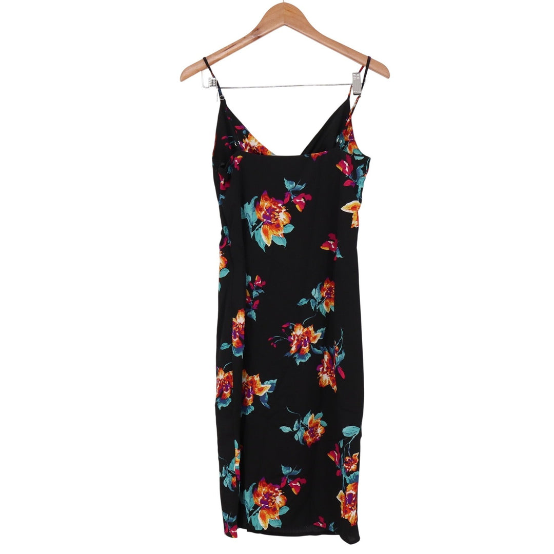 One Clothing Midi Dress Women's S Black Floral Tie Front Slit
