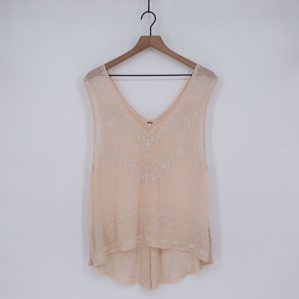 Free People Beaded V Neck Sleeveless Sheer Blouse Peach M