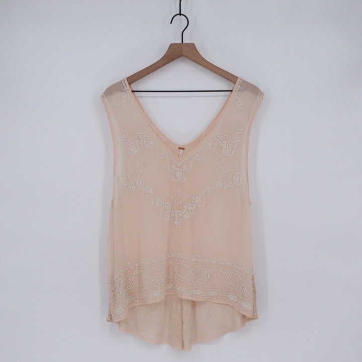 Free People Beaded V Neck Sleeveless Sheer Blouse Peach M