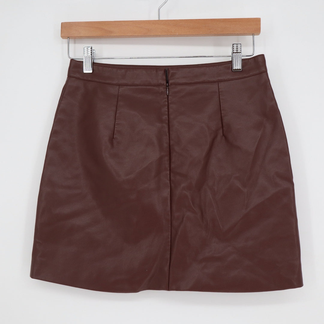 Burgundy Faux Leather Mini Skirt A-Line Back Zip Dark Red Vegan Short Skirt M