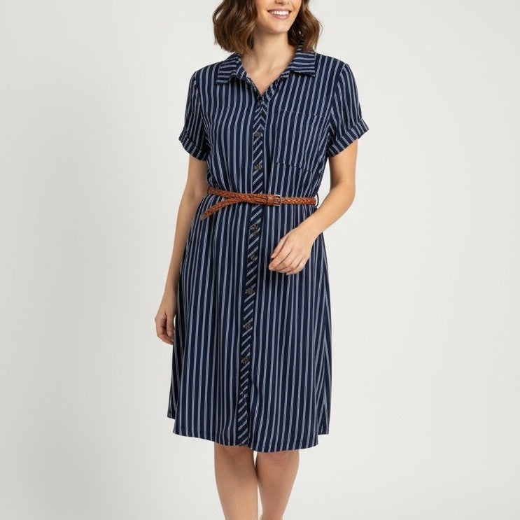 No Comment NYLA Striped Shirt Dress Brown Belt Short Sleeve Medium