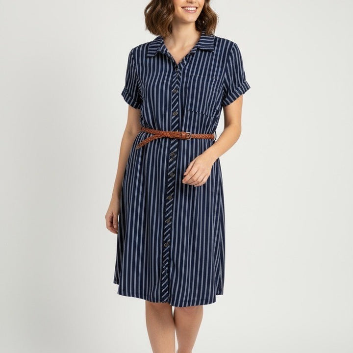 No Comment NYLA Striped Shirt Dress Brown Belt Short Sleeve Medium