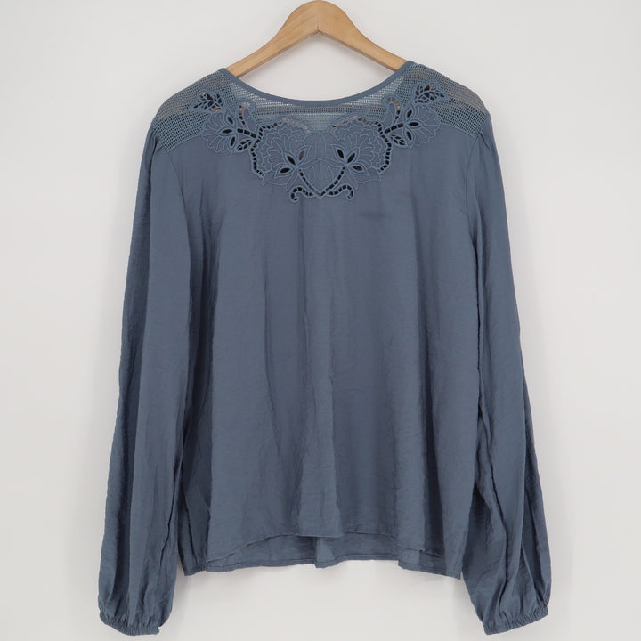 LOFT Dusty Blue Embroidered Lace Back Split Neck Blouse XL JKB393