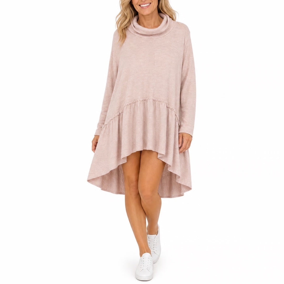 Free People 100% Merino Wool Cowl Neck Ruffle High Low Tunic Dress Blush XS