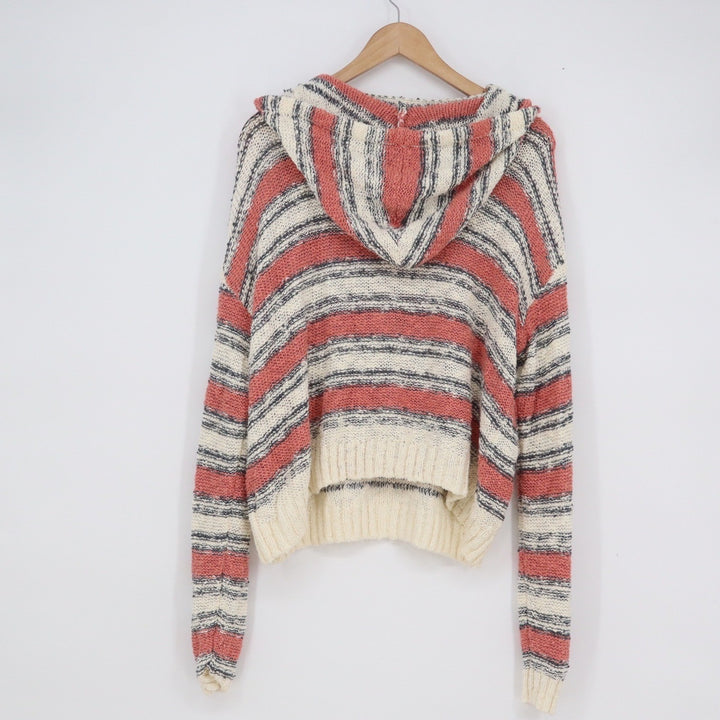 ONeill Womens Large Striped Open Knit Hooded Pullover Sweater Coral Cream