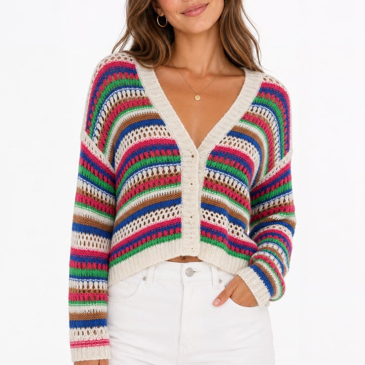Vigoss Multicolor Striped Crochet Knit Cardigan Sweater XL Button Front Boho