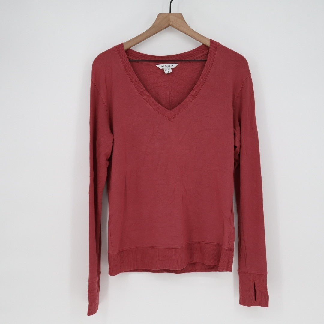 Athleta Sunrise Sweatshirt Womens Small Dusty Rose V-Neck Thumb Holes Sleeve