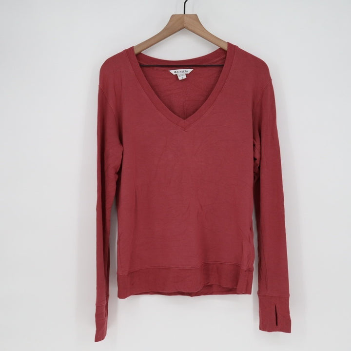 Athleta Sunrise Sweatshirt Womens Small Dusty Rose V-Neck Thumb Holes Sleeve