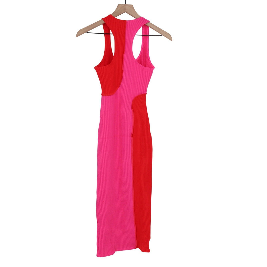 Naked Wardrobe Pink Red Colorblock Ribbed Bodycon Racerback Midi Dress M