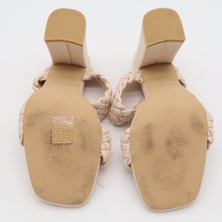 Cream Braided Double Strap Mule Heels Square Toe Block Heel Sandal Beige