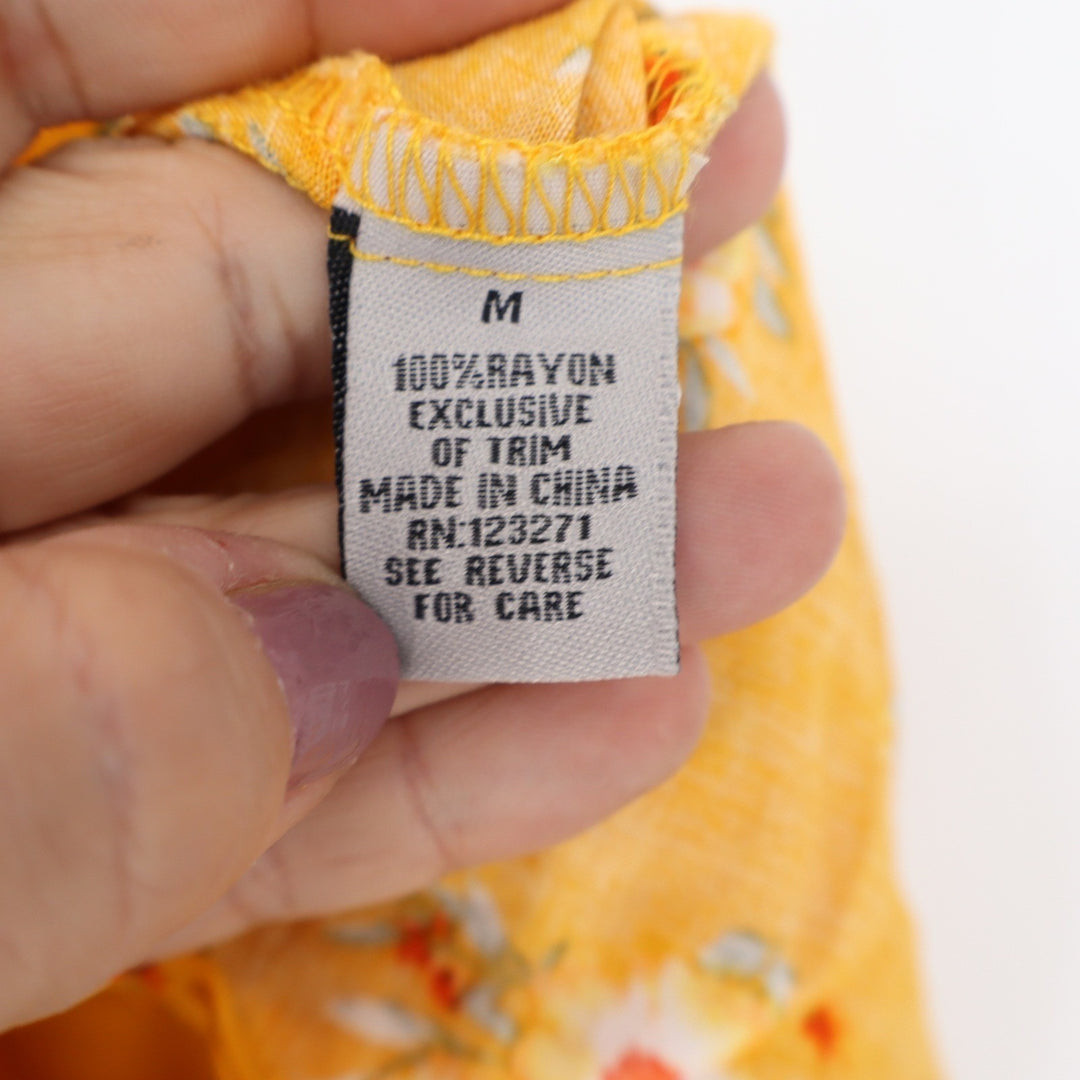 Yellow Floral Smocked Mini Dress Ruffled Straps Button Front Size M