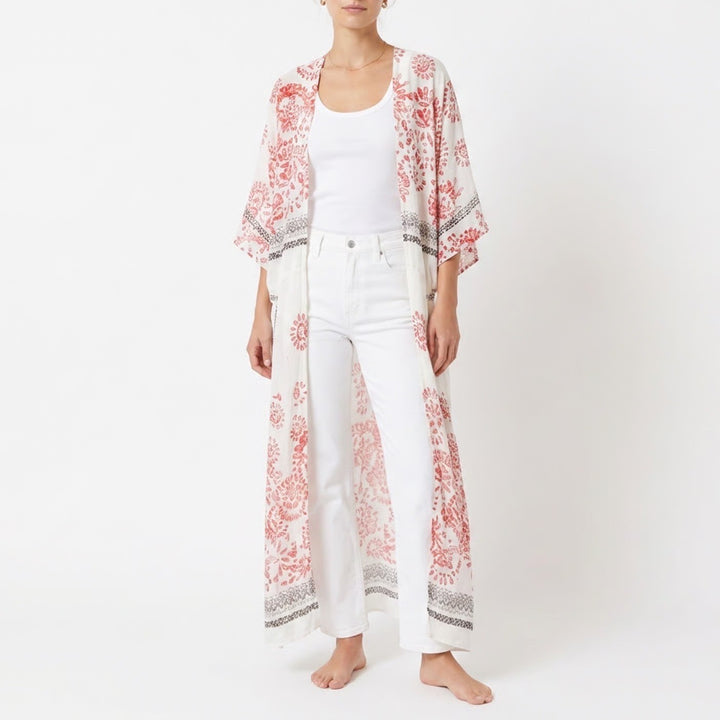 Angie White Coral Pink Floral Kimono Duster Maxi Open Front One Size