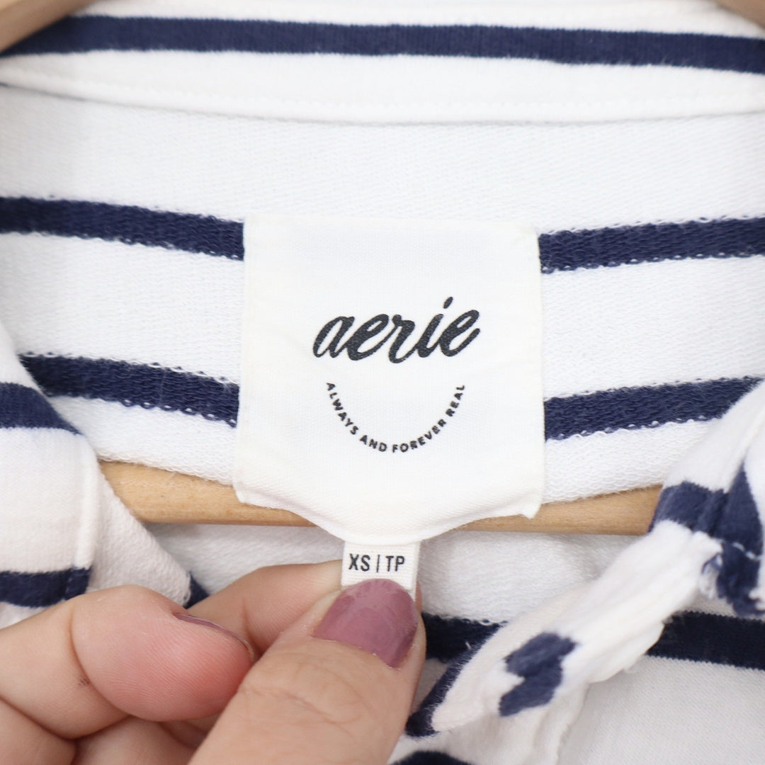 Aerie Women's Navy White Striped Long Sleeve Polo Shirt Cotton Relaxed XS