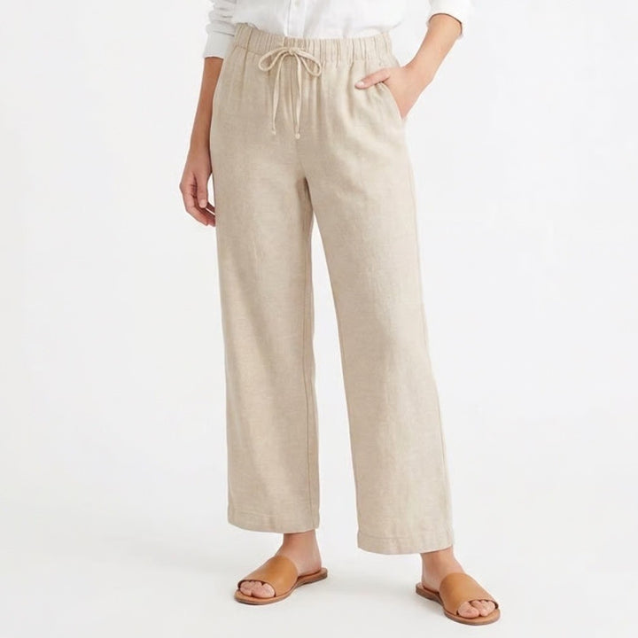 Gap Easy Pants Womens S Beige Linen Slash Pockets Straight Leg Drawstring Waist