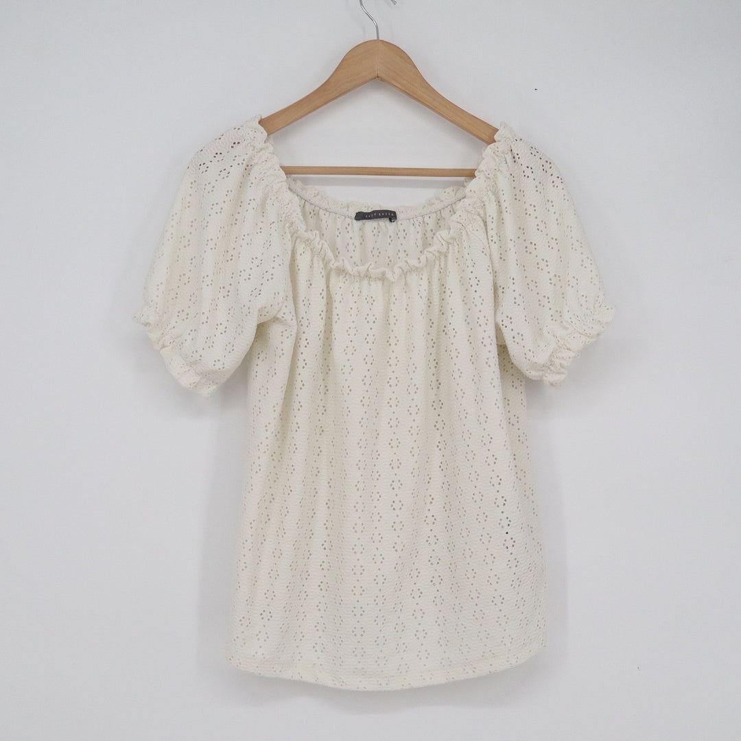 Suzy Shier Cream Eyelet Off the Shoulder Peasant Blouse Large Short Sleeve Boho