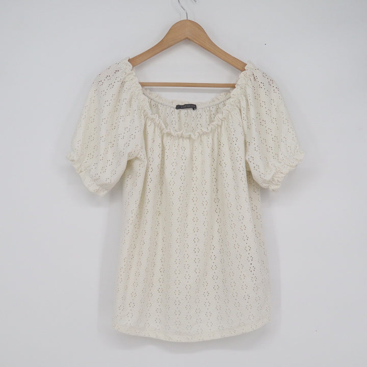 Suzy Shier Cream Eyelet Off the Shoulder Peasant Blouse Large Short Sleeve Boho
