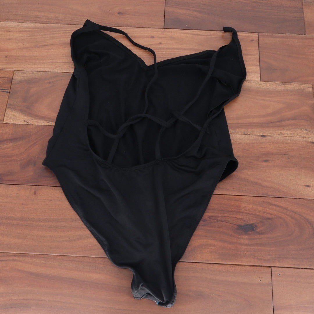 ASOS DESIGN Black V Neck Spaghetti Strap One Piece Swimsuit Bathing Suit