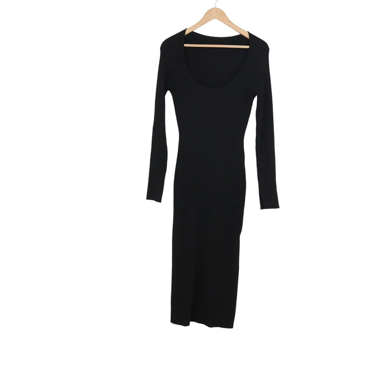 HM Black Ribbed Knit Scoop Neck Long Sleeve Bodycon Midi Dress P/N