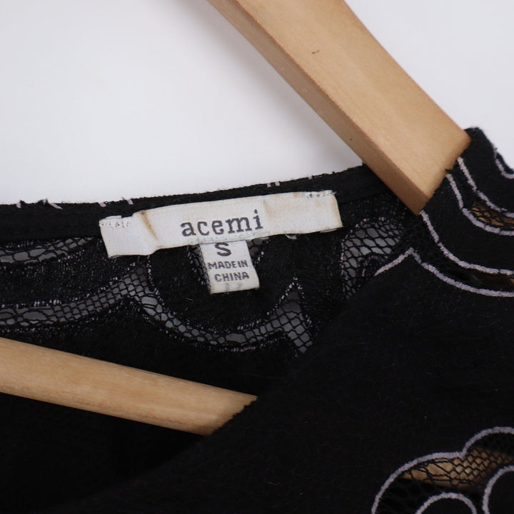 Acemi Top Womens S Y5696 Black Embroidered Lace Mesh Short Sleeve Excellent