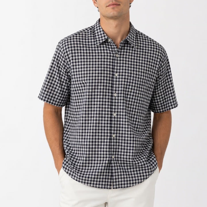 Eddie Bauer Mens XL Tall Navy Blue White Check Corded Chambray SS Button Shirt