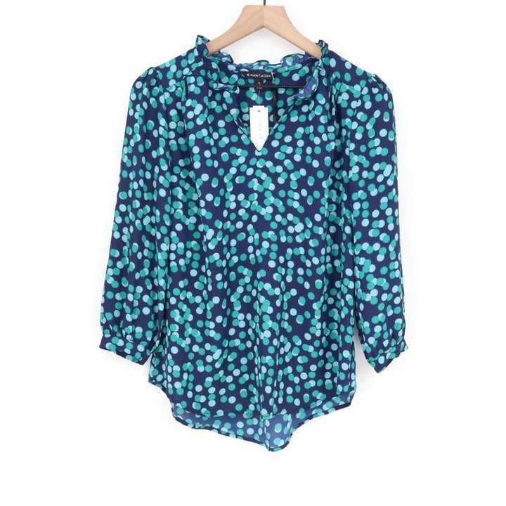 41 Hawthorn Tunic Blouse Womens S Navy Polka Dot Split Neck Tiff Ruffle Detail