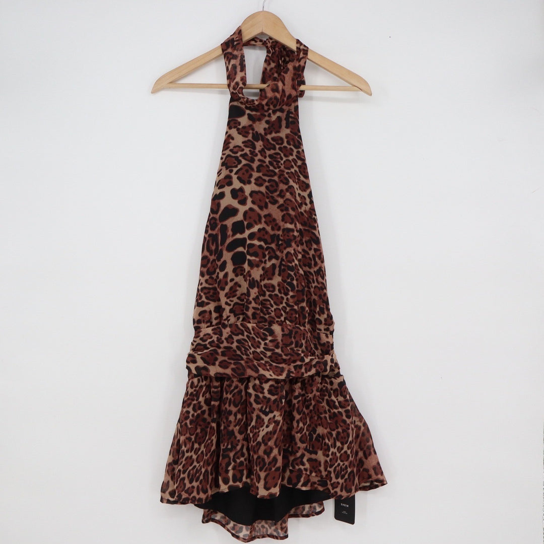 SHEIN Haute Leopard Print Halter Mini Dress Brown Ruffled Hem Size M