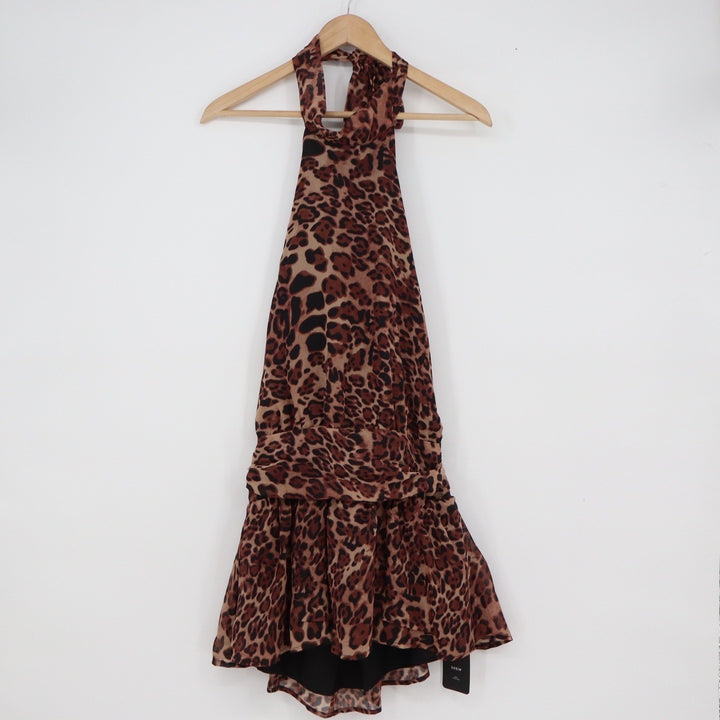 SHEIN Haute Leopard Print Halter Mini Dress Brown Ruffled Hem Size M
