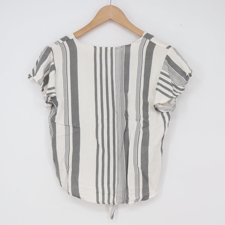 Sim & Sam Top Womens Medium Striped Grey White Tie Front Button Down Excellent