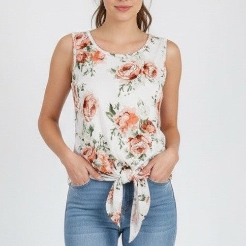 First Love Tank Top Womens XL White Rose Floral Stretch Round Neck Front Slit