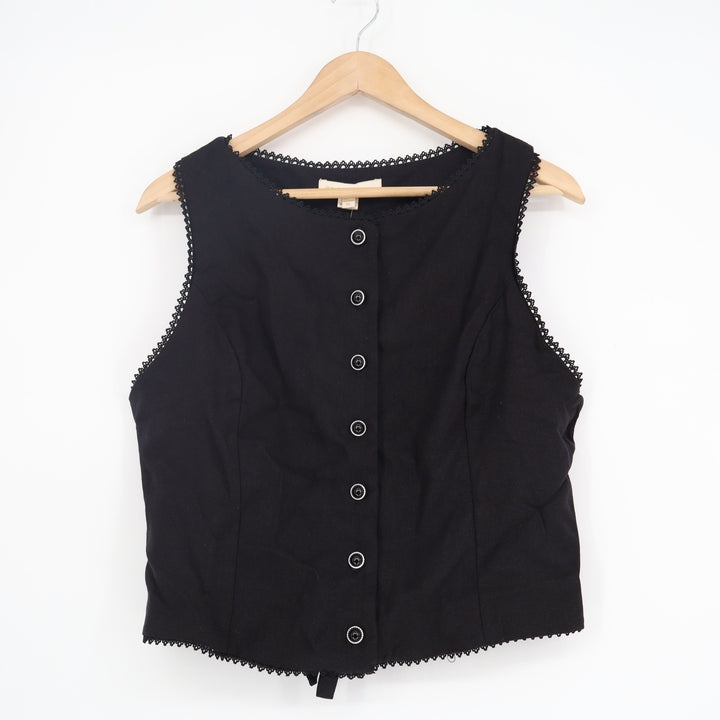 Monteau Los Angeles Black Linen Blend Lace Trim Button Front Tie Back Top XL