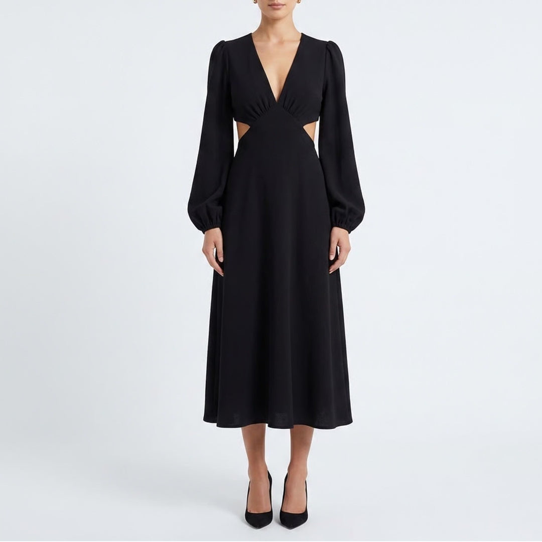 SHEIN Black V-Neck Cutout Bishop Sleeve Midi Dress Large
