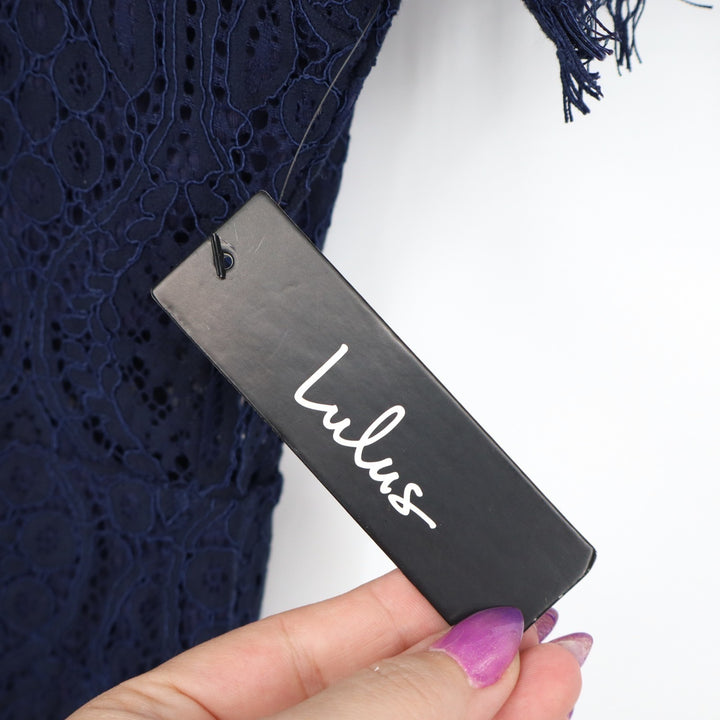 Lulus Remarkable Midi Dress Womens Small Navy Lace Detail Cotton Short Sleeve