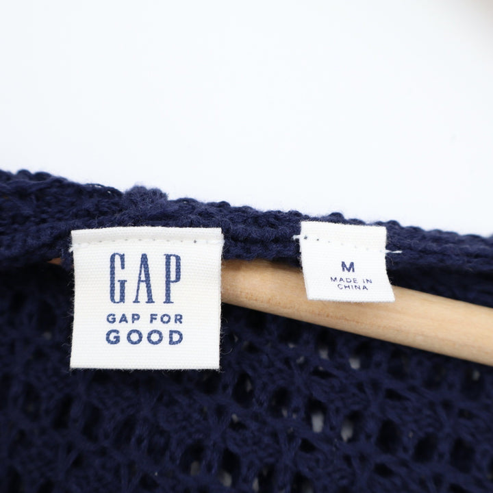 GAP Navy Blue Open Knit Hooded Cardigan Sweater Longline Cotton Womens Medium