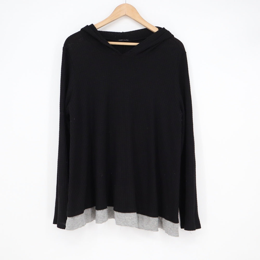 Sweet Claire Womens Black Waffle Knit Layered Hem Long Sleeve Hoodie Top L