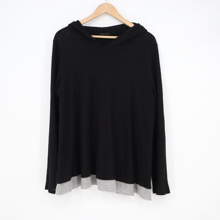 Sweet Claire Womens Black Waffle Knit Layered Hem Long Sleeve Hoodie Top L