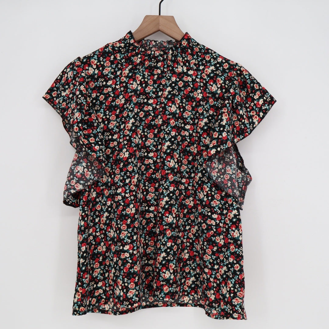 SHEIN Black Floral Mock Neck Flutter Sleeve Blouse Large